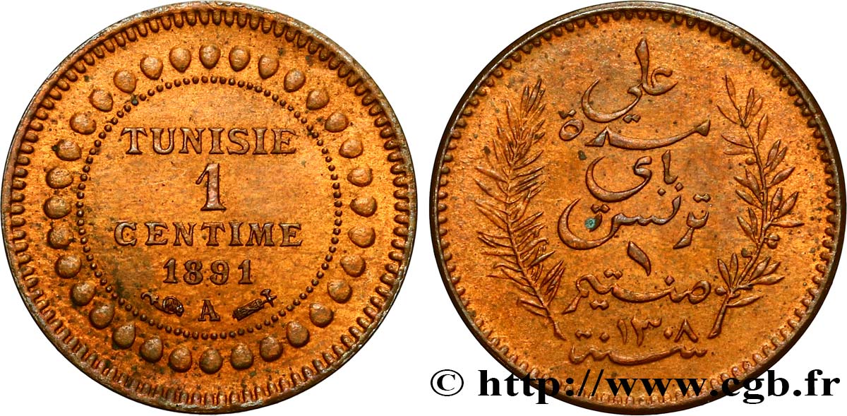 TUNESIEN - Französische Protektorate  1 Centime AH1308 1891 Paris fST 