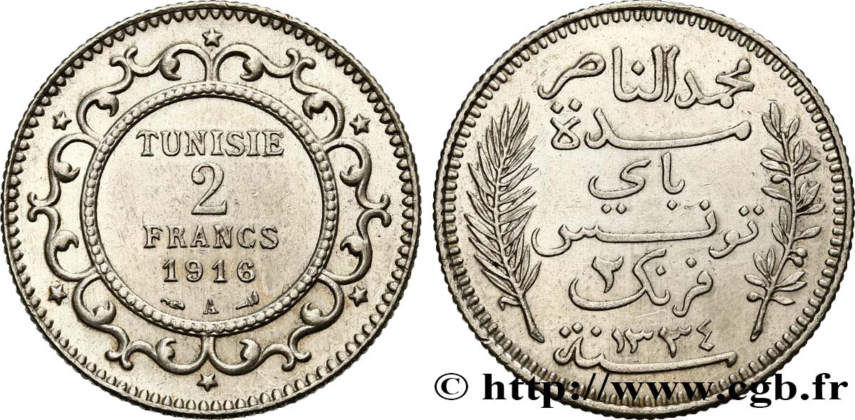 TUNESIEN - Französische Protektorate  2 Francs au nom du Bey Mohamed En-Naceur an 1334 1916 Paris - A VZ 