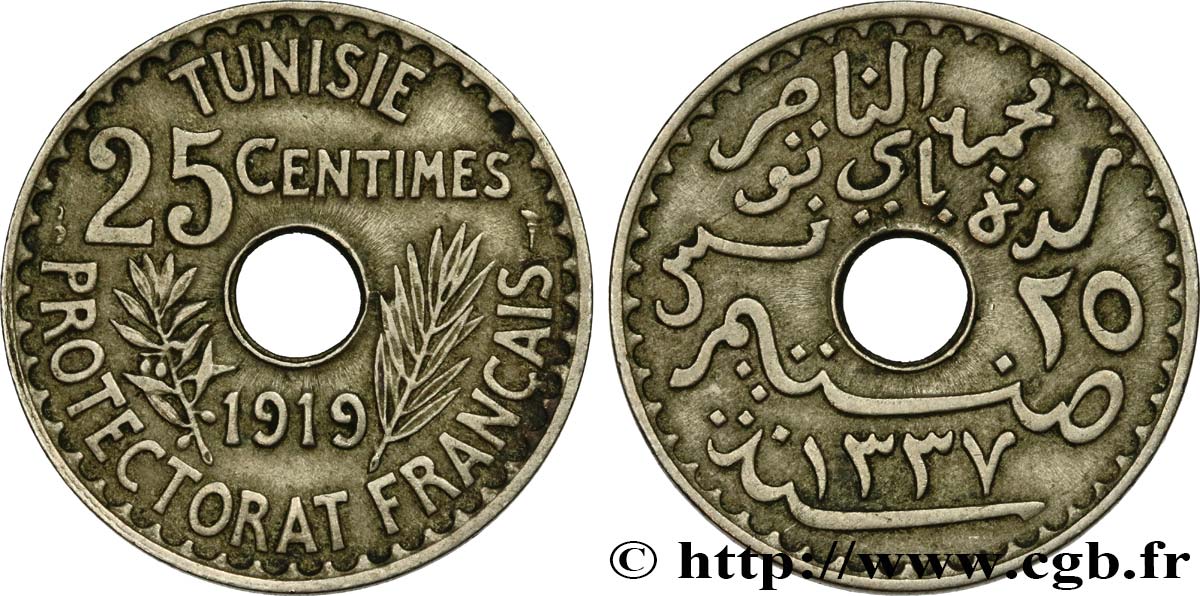 TUNEZ - Protectorado Frances 25 Centimes AH1337 1919 Paris MBC 