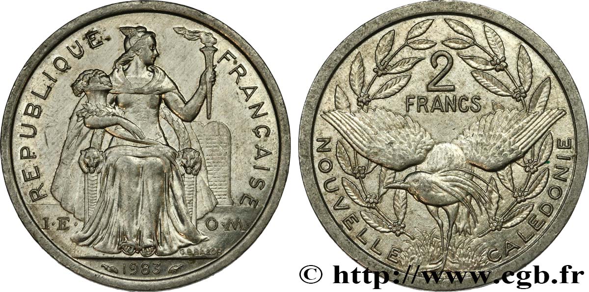 NUEVA CALEDONIA 2 Francs I.E.O.M. représentation allégorique de Minerve / Kagu, oiseau de Nouvelle-Calédonie 1983 Paris EBC 