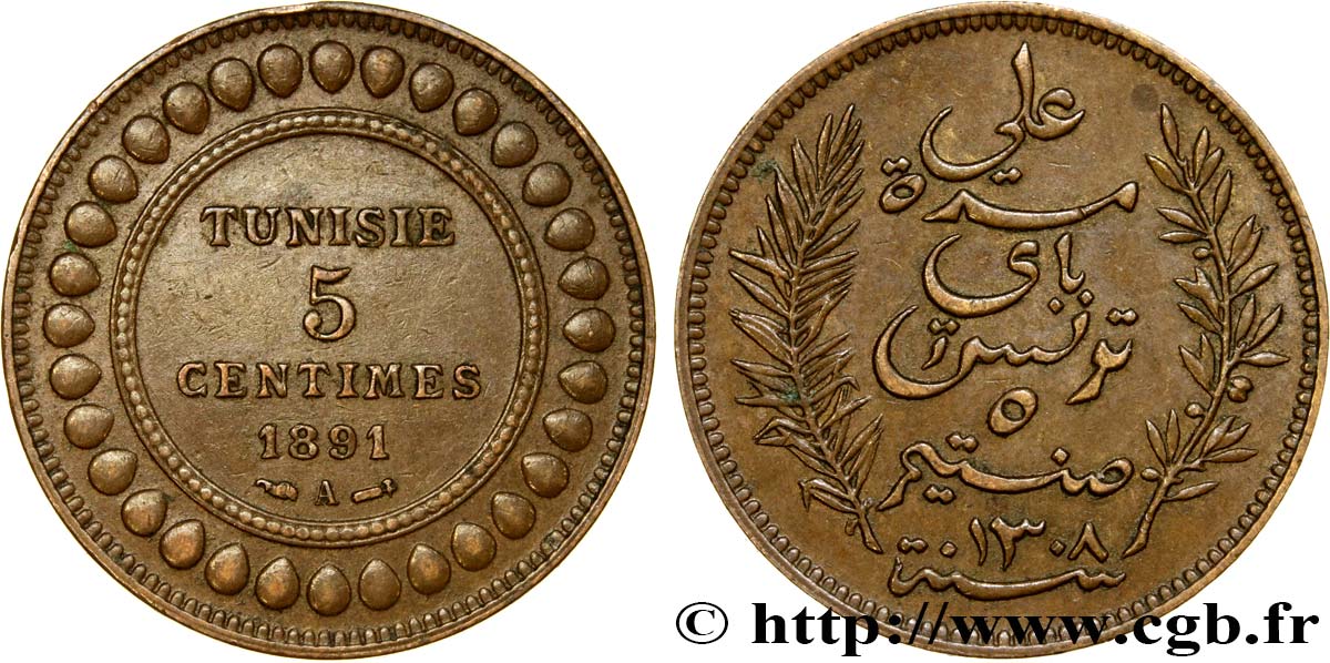 TUNESIEN - Französische Protektorate  5 Centimes AH1308 1891  fVZ 