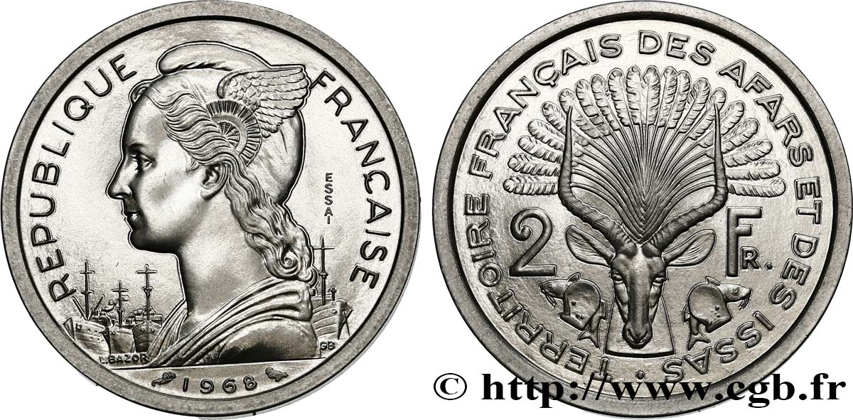 DJIBUTI - French Territory of the Afars and Issas  2 Francs ESSAI Marianne / antilope 1968 PARIS MS 