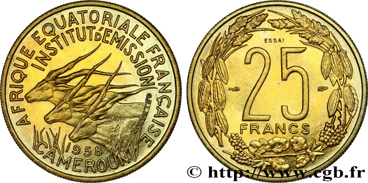 FRANZÖSISCHE EQUATORIAL AFRICA - KAMERUN 25 Francs ESSAI 1958 Paris fST 