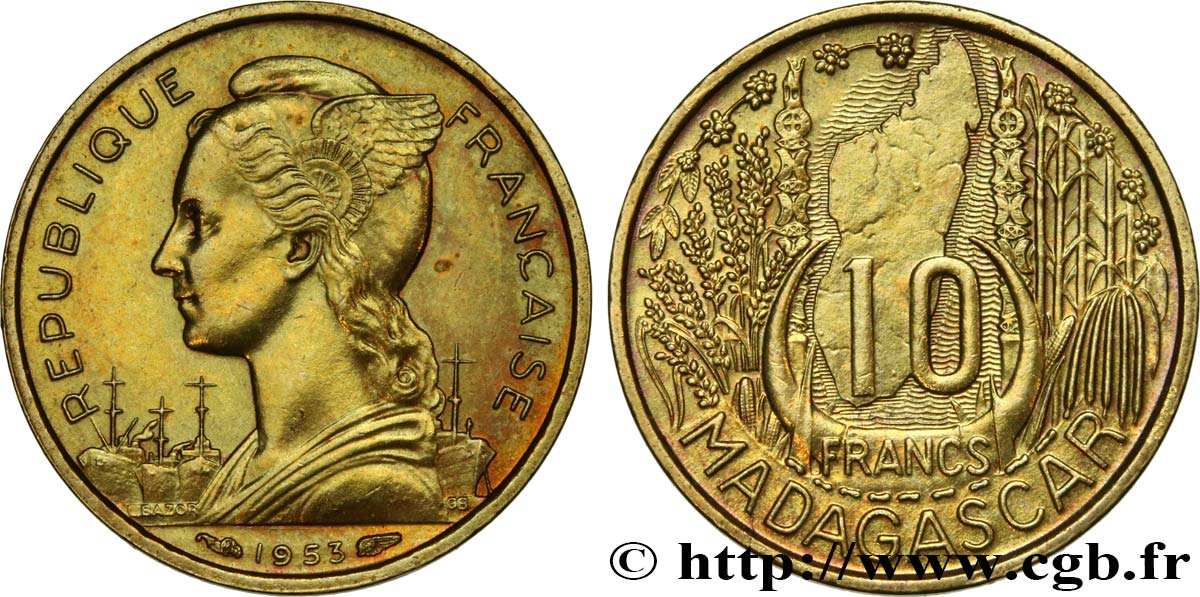MADAGASCAR French Union 10 Francs 1953 Paris AU 