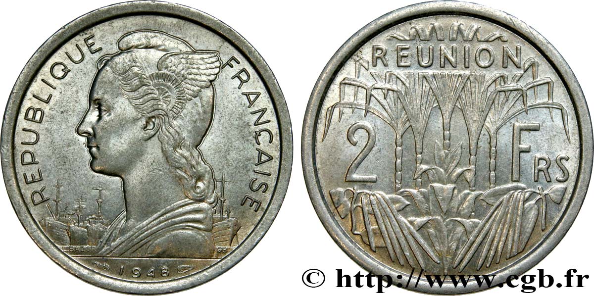 ÎLE DE LA RÉUNION 2 Francs 1948 Paris SUP 