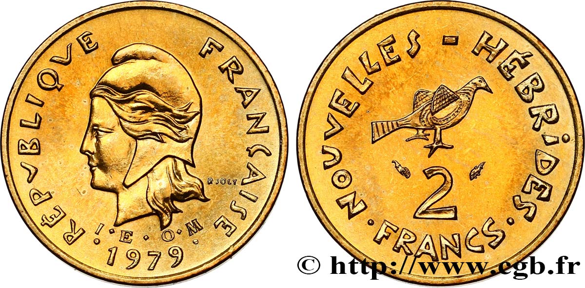 NUOVO EBRIDI (VANUATU dopo1980) 2 Francs I. E. O. M. Marianne / oiseau 1979 Paris MS 