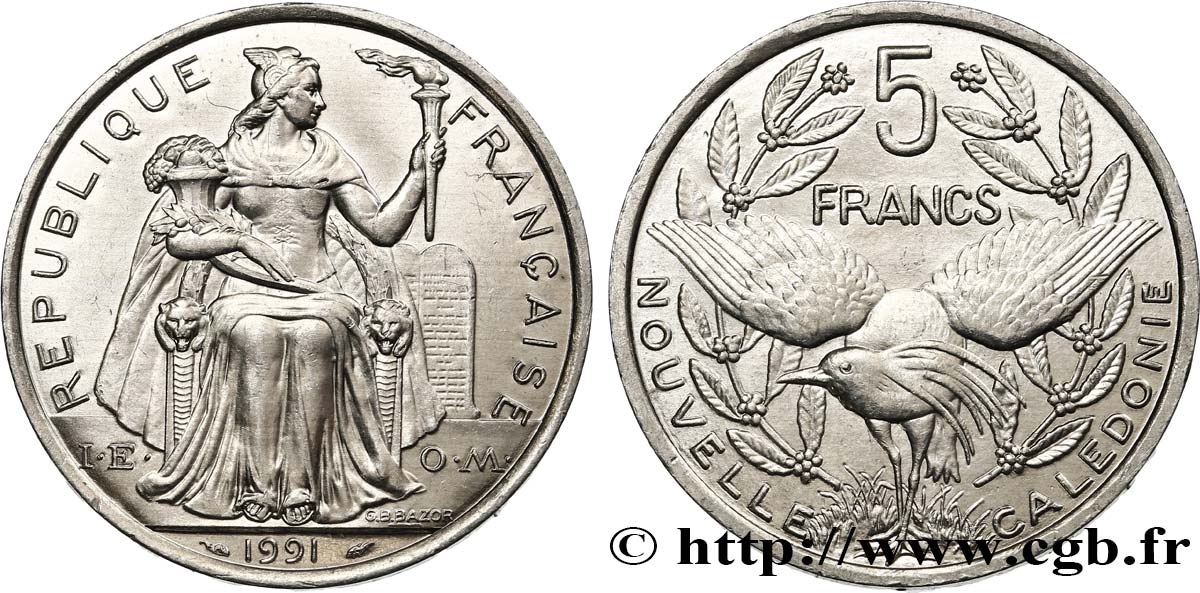 NOUVELLE CALÉDONIE 5 Francs I.E.O.M. représentation allégorique de Minerve / Kagu, oiseau de Nouvelle-Calédonie 1991 Paris SPL 
