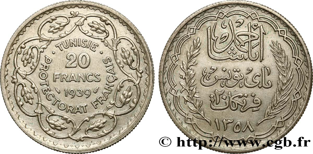 TUNEZ - Protectorado Frances 20 Francs au nom du  Bey Ahmed an 1358 1939 Paris EBC 