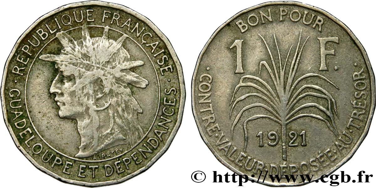 GUADELOUPE Bon pour 1 Franc indien caraïbe / canne à sucre 1921  TB+ 