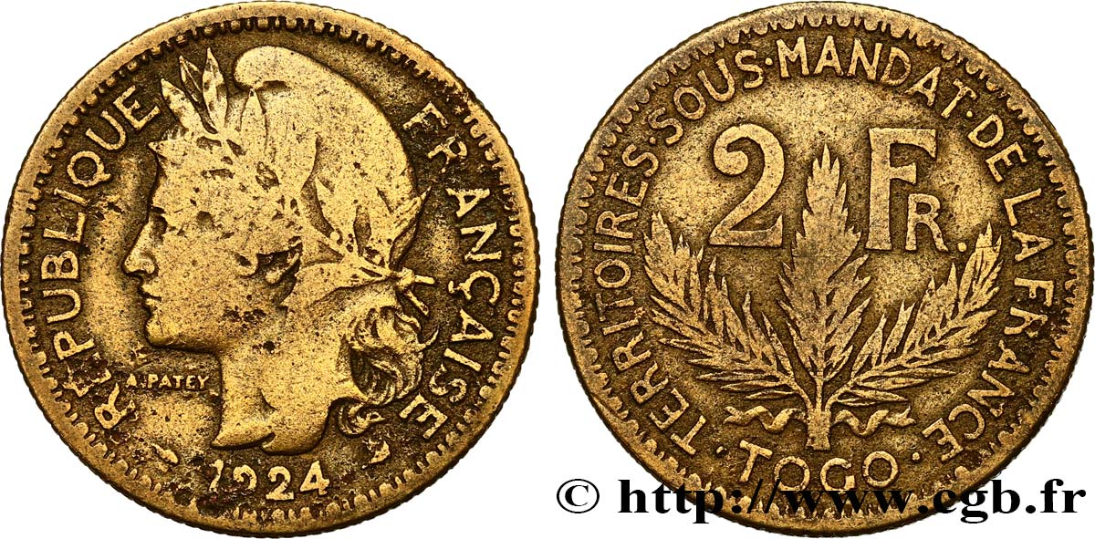 TOGO - MANDATO FRANCESE 2 Francs 1924 Paris MB 