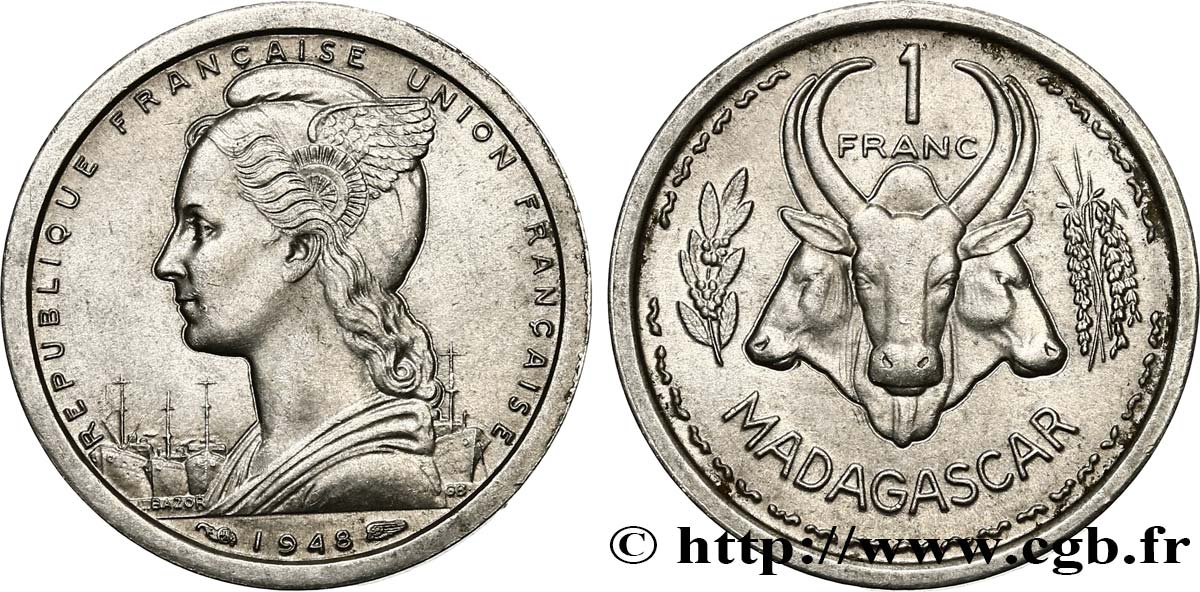 MADAGASCAR French Union 1 Franc 1948 Paris AU 