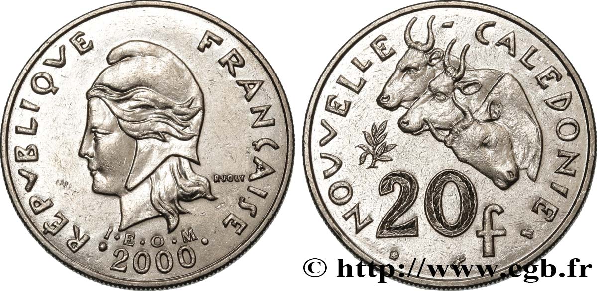 NEUKALEDONIEN 20 Francs I.E.O.M. Marianne / zébus d’élevage de Nouvelle Calédonie  2000 Paris VZ 