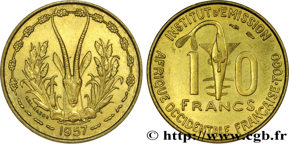 FRANZÖSISCHE WESTAFRIKA - TOGO 10 Francs masque / antilope 1957 Paris VZ 