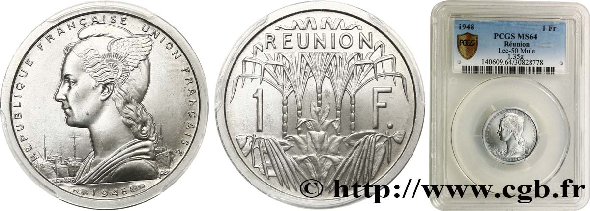 REUNIóN - UNIóN FRANCESA 1 Franc 1948 Monnaie de Paris SC64 PCGS