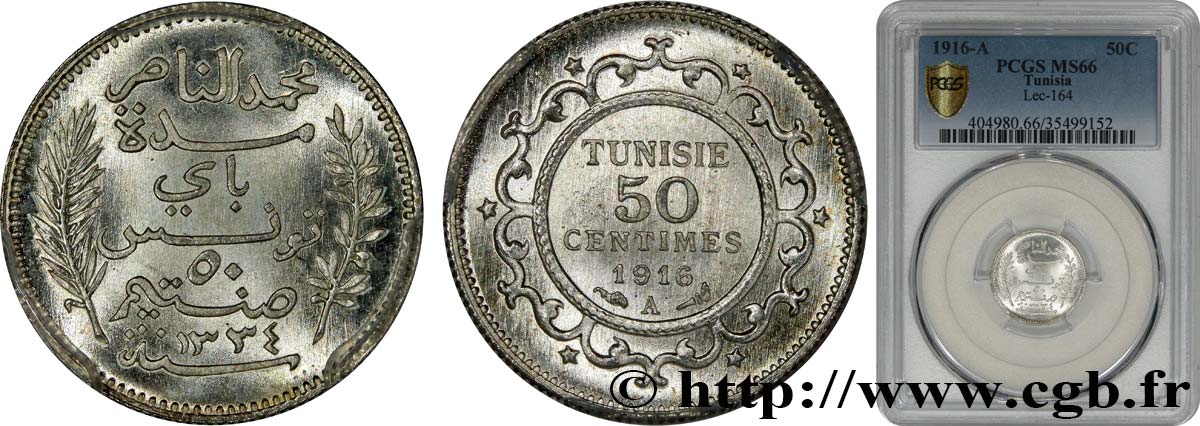TUNISIA - French protectorate 50 Centimes AH1335 1916 Paris MS66 PCGS