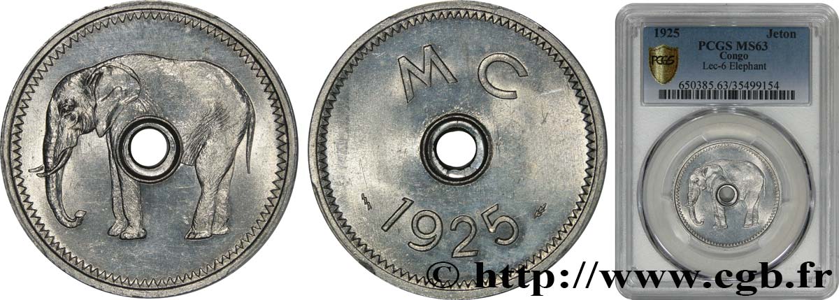 CONGO FRANCÉS 1 Jeton éléphant MC (Moyen Congo) 1925 Poissy SC63 PCGS