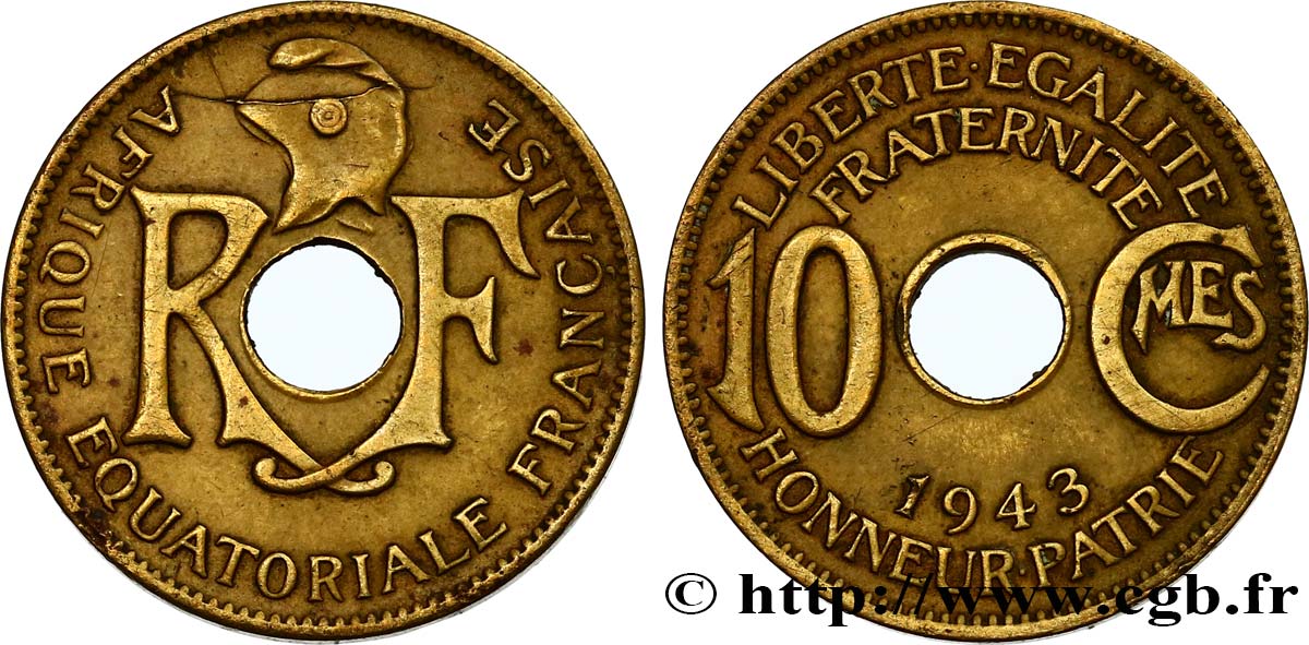 AFRIQUE ÉQUATORIALE FRANÇAISE - FRANCE LIBRE 10 Centimes 1943 Prétoria TTB 