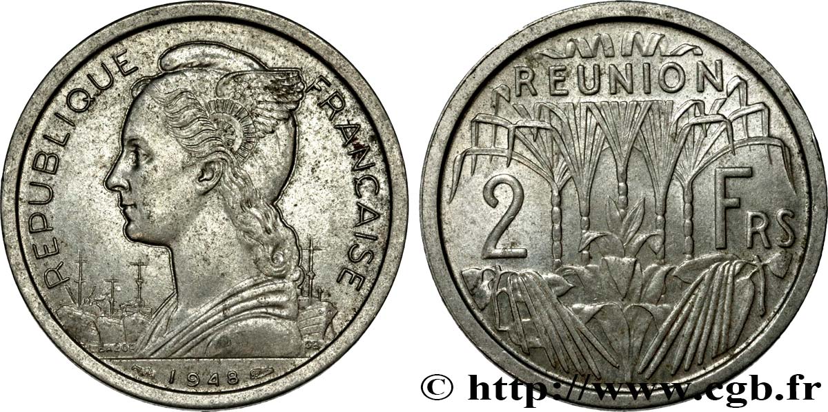 ÎLE DE LA RÉUNION 2 Francs 1948 Paris SUP 