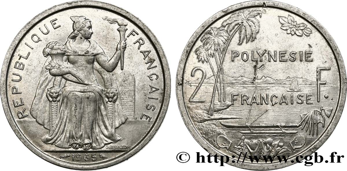 FRENCH POLYNESIA 2 Francs Polynésie Française 1965 Paris AU 