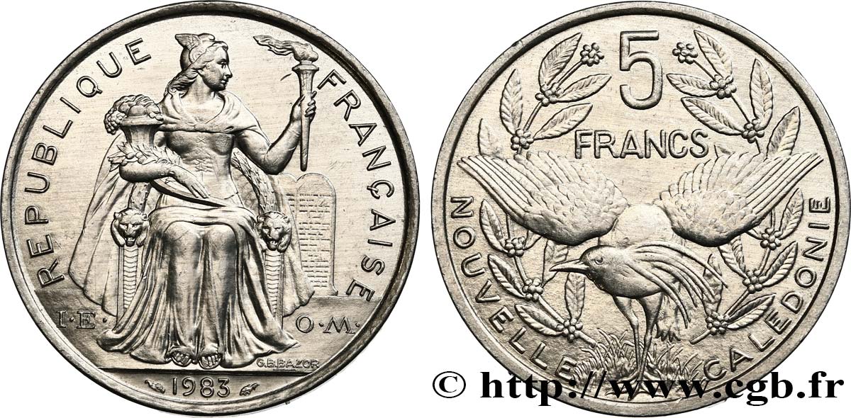 NEUKALEDONIEN 5 Francs I.E.O.M. représentation allégorique de Minerve / Kagu, oiseau de Nouvelle-Calédonie 1983 Paris fST 