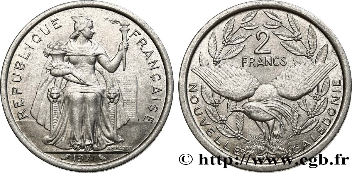NOUVELLE CALÉDONIE 2 Francs 1971 Paris SUP 