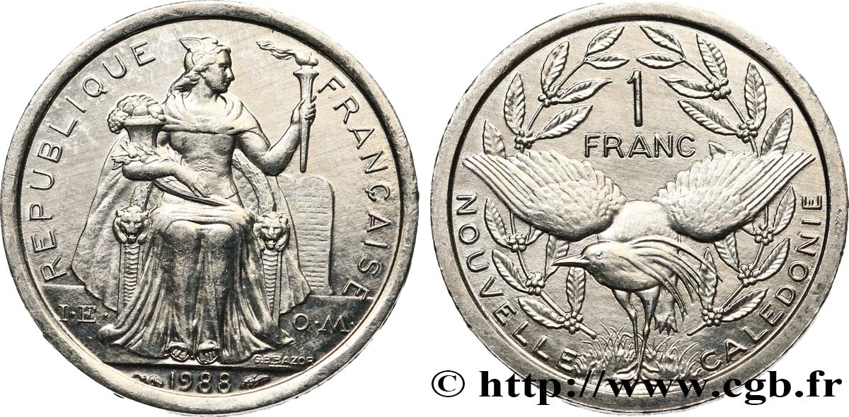 NEW CALEDONIA 1 Franc I.E.O.M. représentation allégorique de Minerve / Kagu, oiseau de Nouvelle-Calédonie 1988 Paris MS 