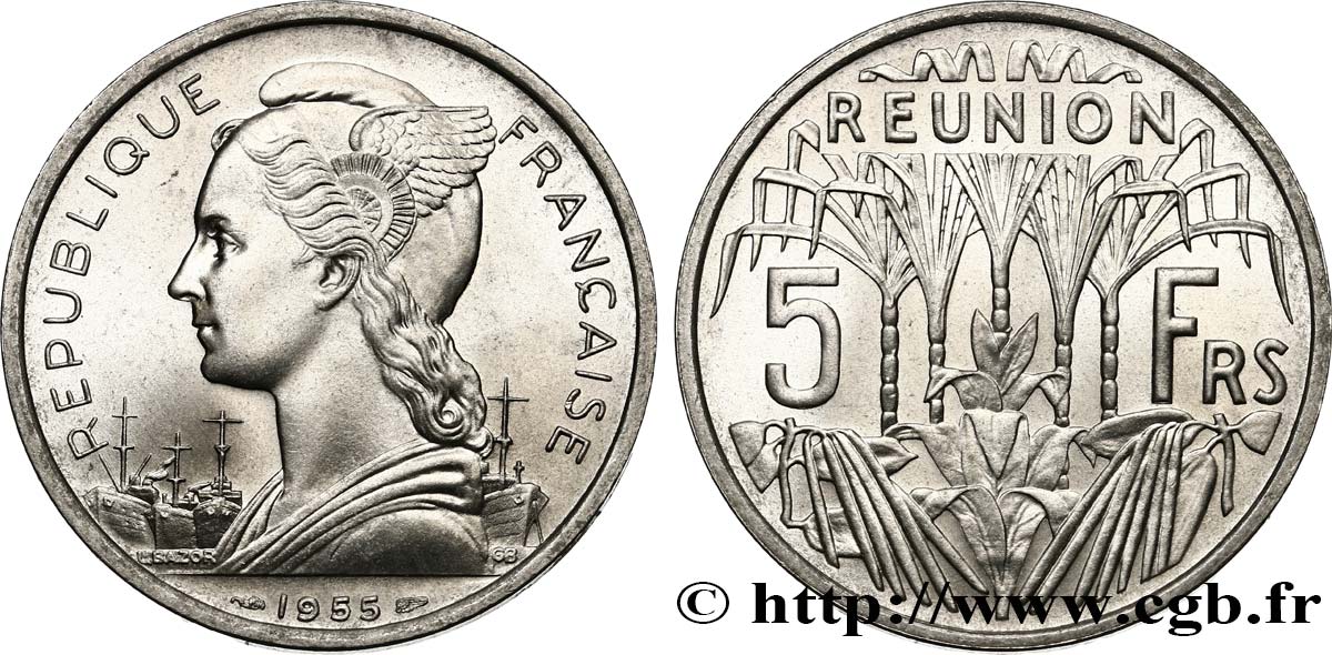 REUNION INSEL 5 Francs Marianne / canne à sucre 1955 Paris fST 