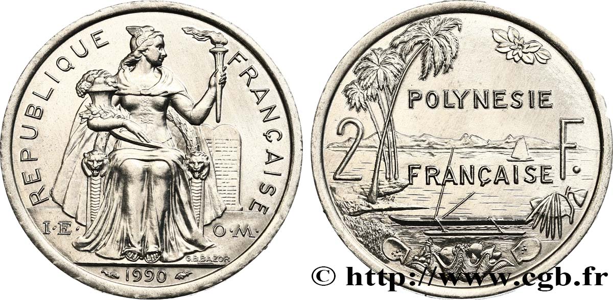 FRANZÖSISCHE-POLYNESIEN 2 Francs I.E.O.M. Polynésie Française 1990 Paris fST 