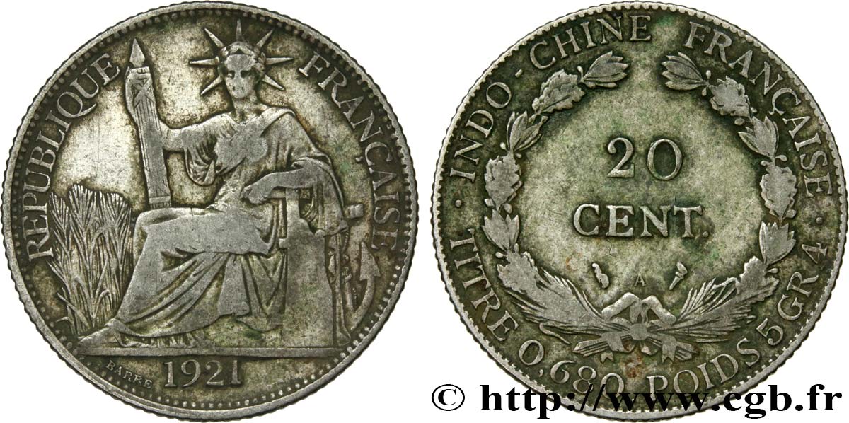 INDOCHINE FRANÇAISE 20 Centièmes 1921 Paris TB 