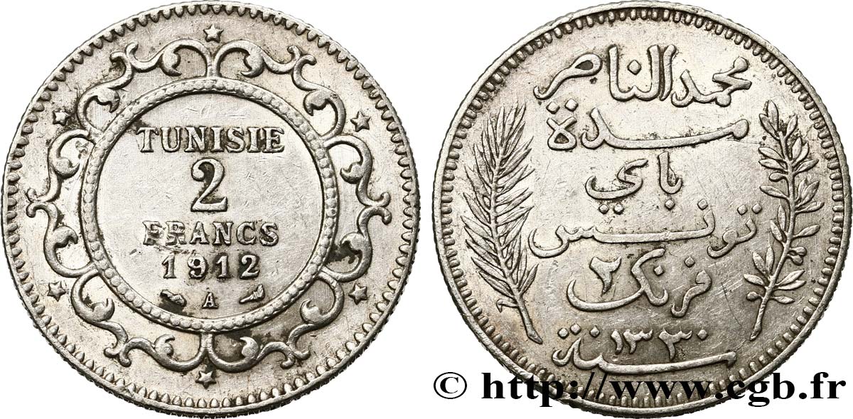 TUNISIA - Protettorato Francese 2 Francs AH1330 1912 Paris - A q.SPL 
