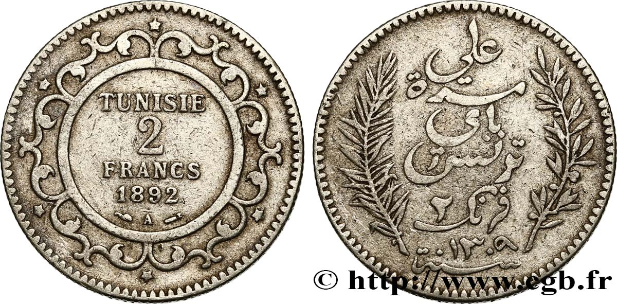 TUNEZ - Protectorado Frances 2 Francs AH1309 1892 Paris - A BC+ 