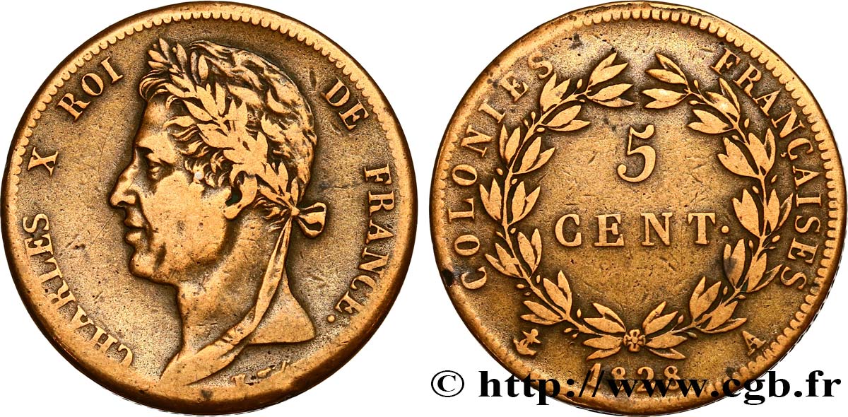 COLONIE FRANCESI - Carlo X, per Guyana 5 Centimes Charles X 1828 Paris - A q.BB 