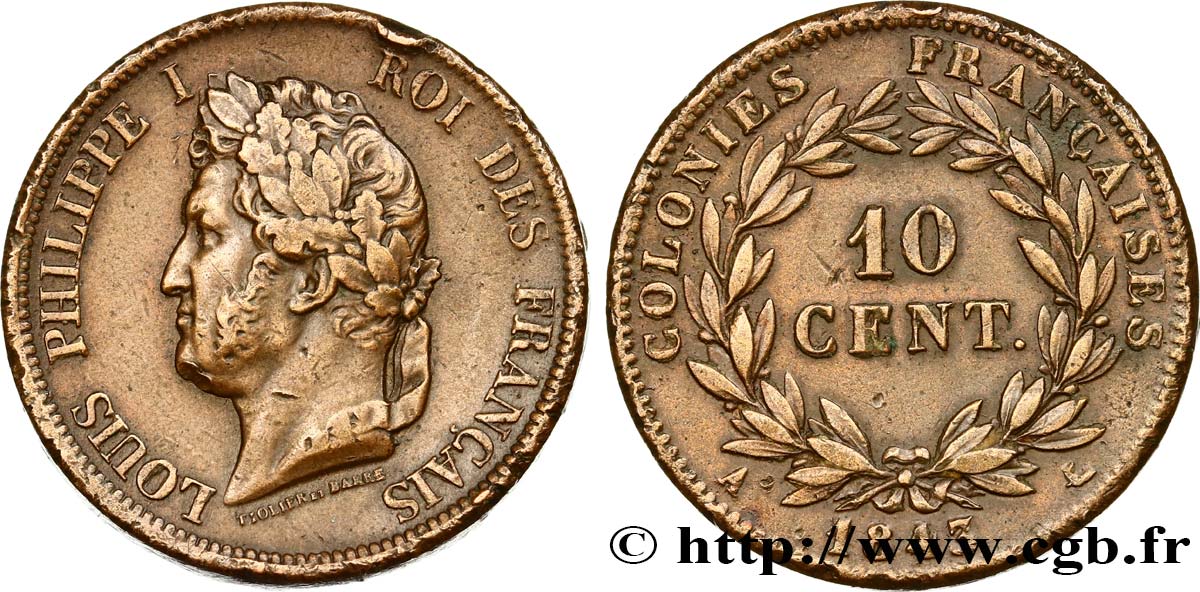 FRENCH COLONIES - Louis-Philippe, for Marquesas Islands 10 Centimes 1843 Paris VF 
