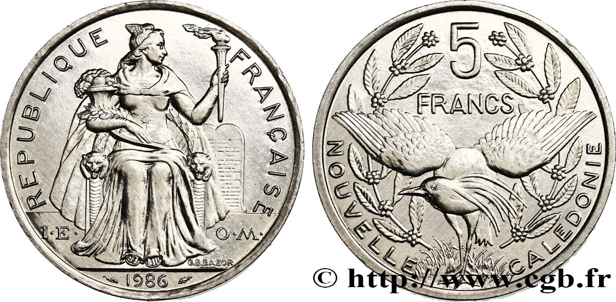 NEUKALEDONIEN 5 Francs I.E.O.M. représentation allégorique de Minerve / Kagu, oiseau de Nouvelle-Calédonie 1986 Paris ST 