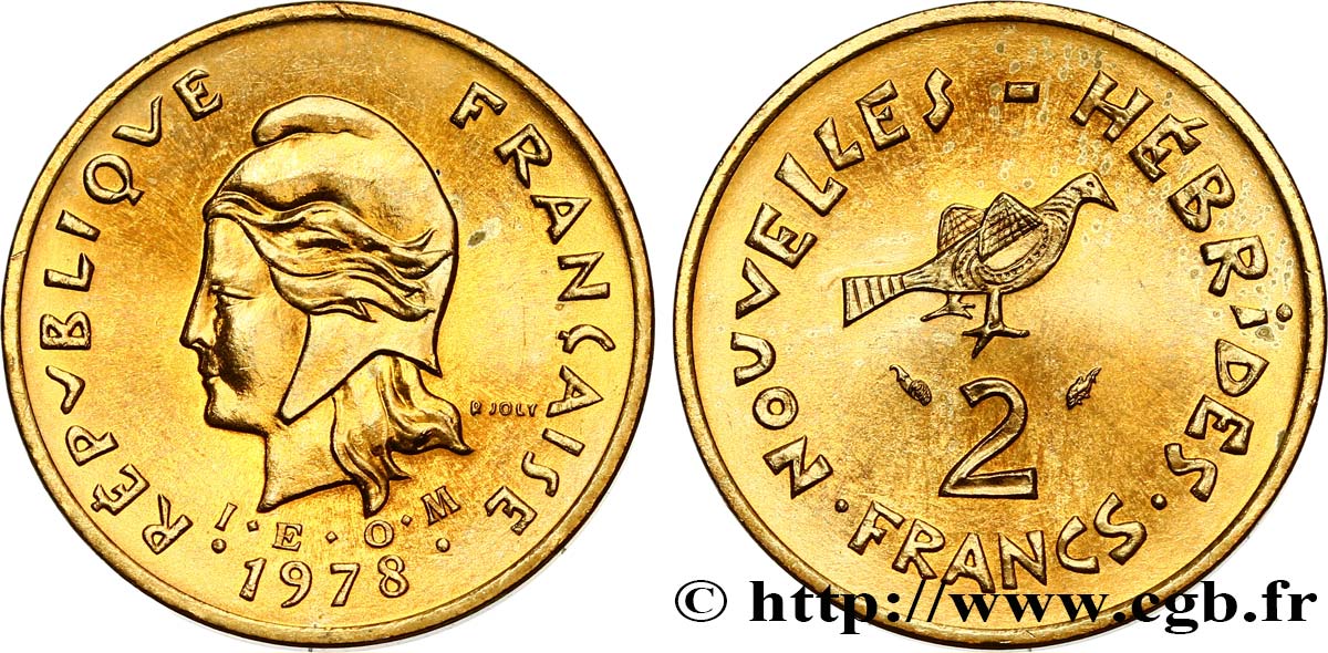 NUOVO EBRIDI (VANUATU dopo1980) 2 Francs I. E. O. M. Marianne / oiseau 1978 Paris MS 
