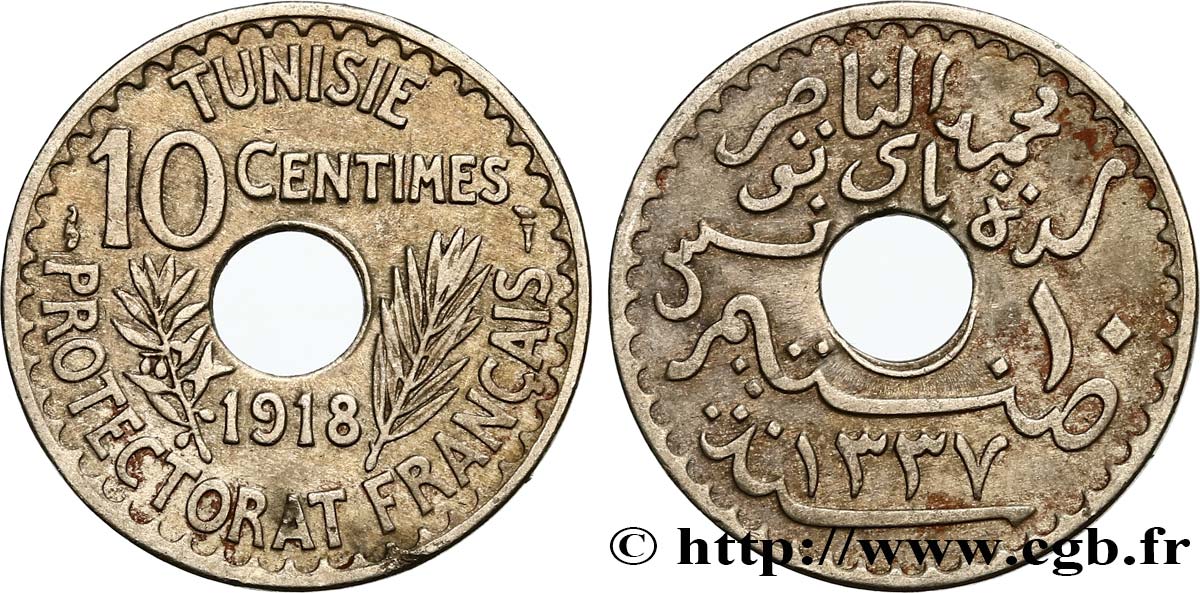 TUNEZ - Protectorado Frances 10 Centimes AH 1337 1918 Paris MBC 