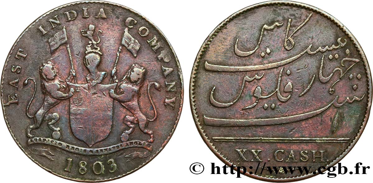 ISLE OF FRANCE (MAURITIUS) XX (20) Cash East India Company 1803 Madras VF 