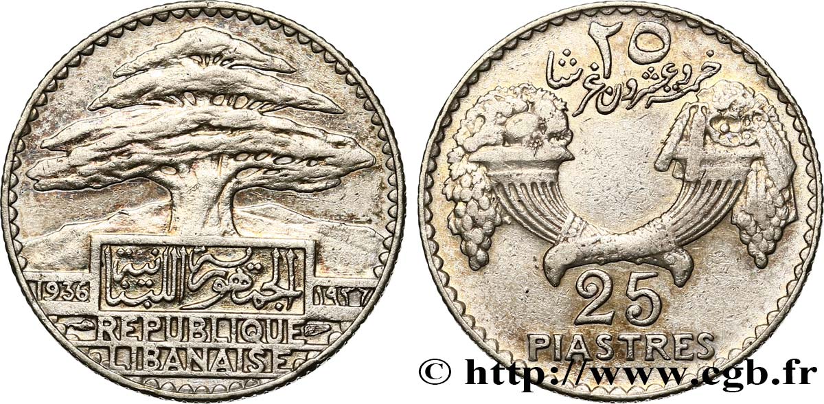 LIBAN - TROISIÈME RÉPUBLIQUE 25 Piastres Cèdre du Liban 1936 Paris TTB 