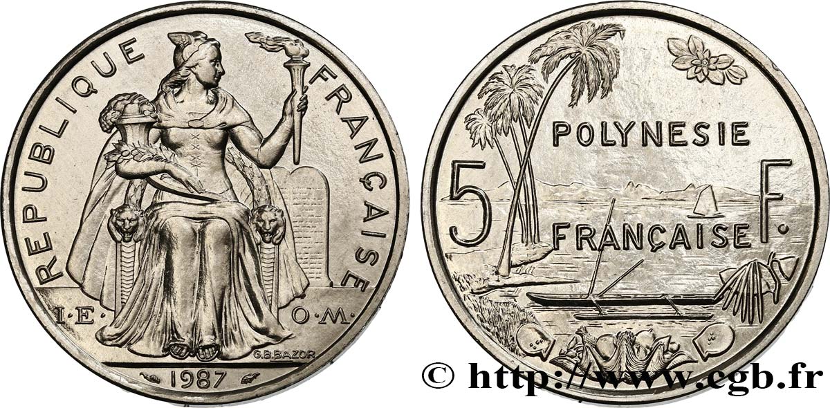 FRANZÖSISCHE-POLYNESIEN 5 Francs I.E.O.M. Polynésie Française 1987 Paris ST 
