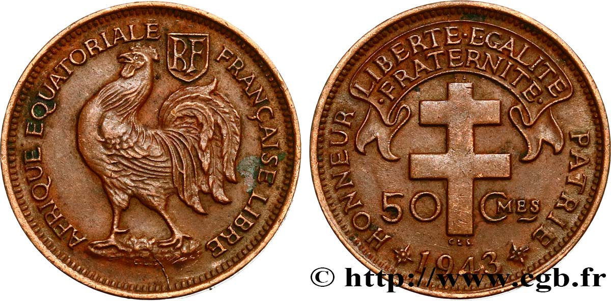 FRENCH EQUATORIAL AFRICA - FREE FRENCH FORCES 50 Centimes 1943 Prétoria AU 