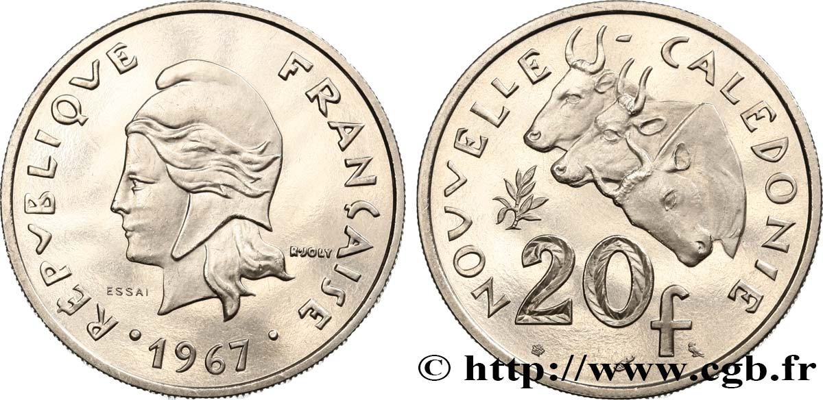 NEUKALEDONIEN Essai de 20 Francs Marianne / buffles 1967 Paris ST 