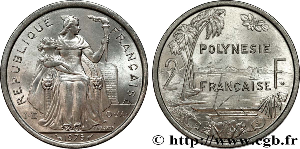 POLYNÉSIE FRANÇAISE 2 Francs I.E.O.M. Polynésie Française 1975 Paris SPL 
