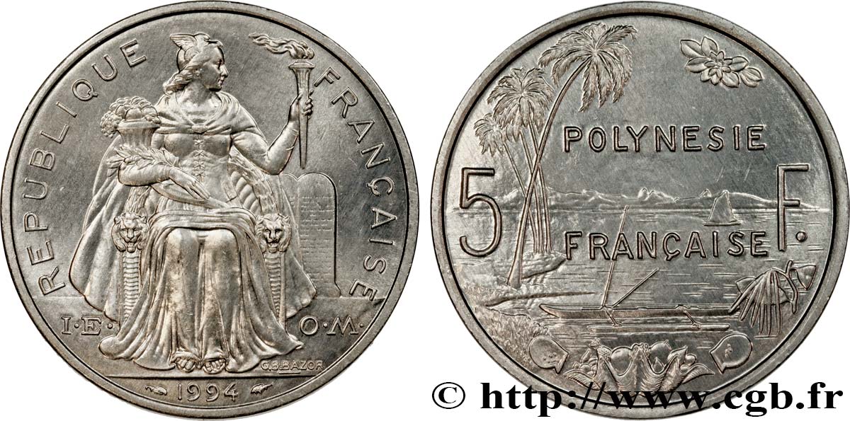 FRANZÖSISCHE-POLYNESIEN 5 Francs I.E.O.M. Polynésie Française 1994 Paris fST 