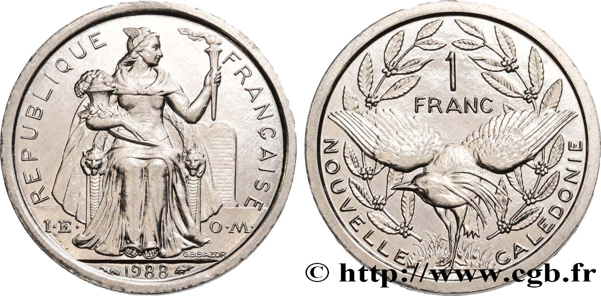 NUOVA CALEDONIA 1 Franc I.E.O.M. représentation allégorique de Minerve / Kagu, oiseau de Nouvelle-Calédonie 1988 Paris MS 