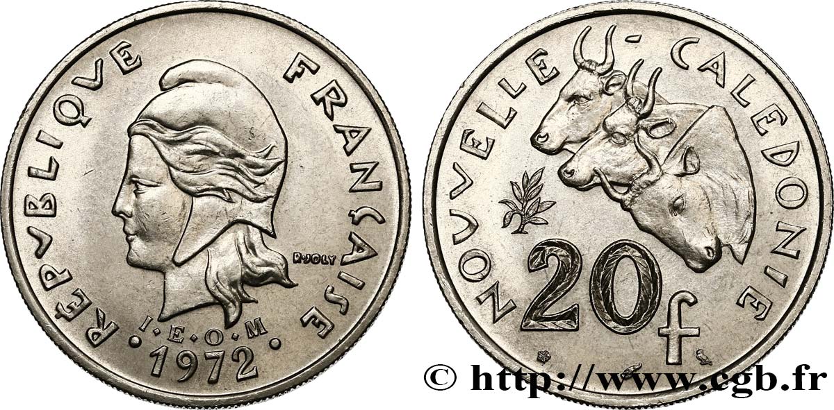 NOUVELLE CALÉDONIE 20 Francs I.E.O.M. Marianne / zébus d’élevage de Nouvelle Calédonie  1972 Paris SPL 