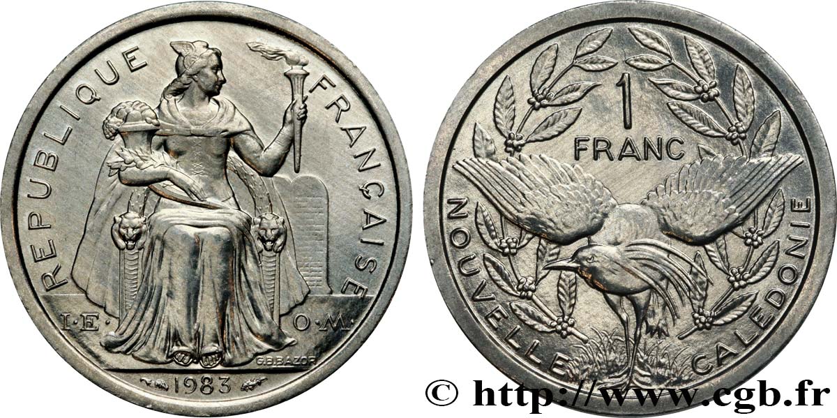 NUOVA CALEDONIA 1 Franc I.E.O.M. représentation allégorique de Minerve / Kagu, oiseau de Nouvelle-Calédonie 1983 Paris MS 