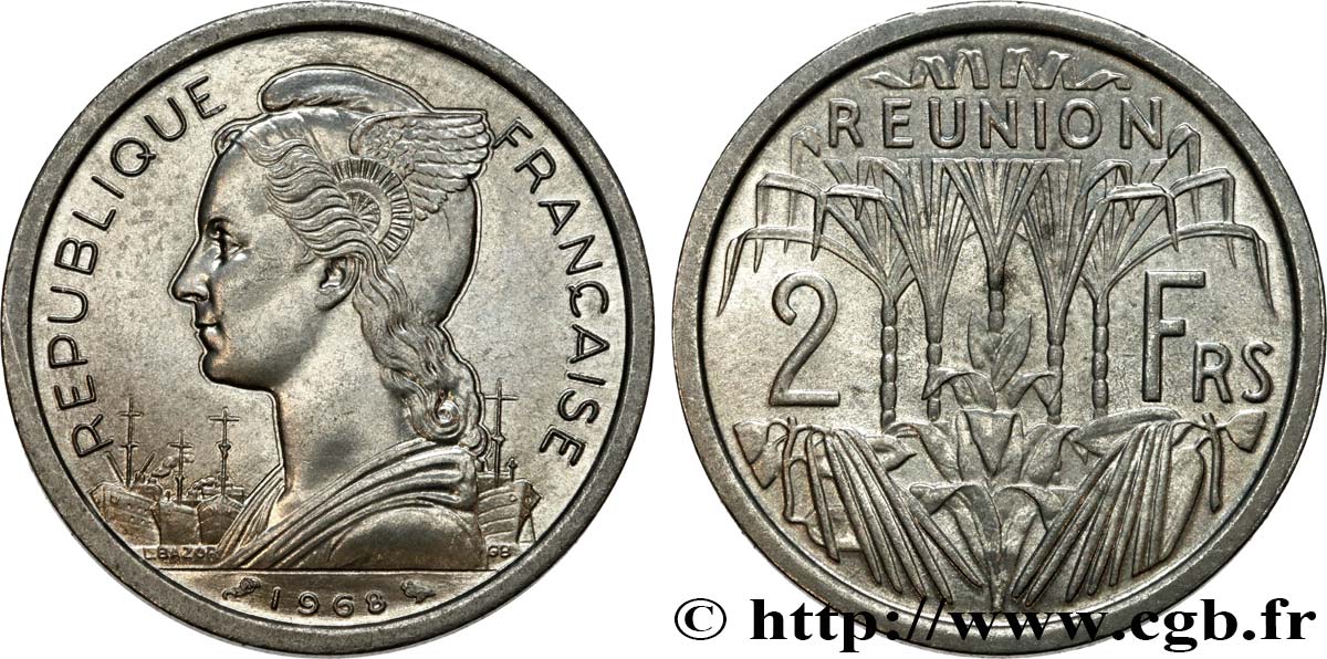 ISLA DE LA REUNIóN 2 Francs Marianne / canne à sucre 1968 Paris SC 