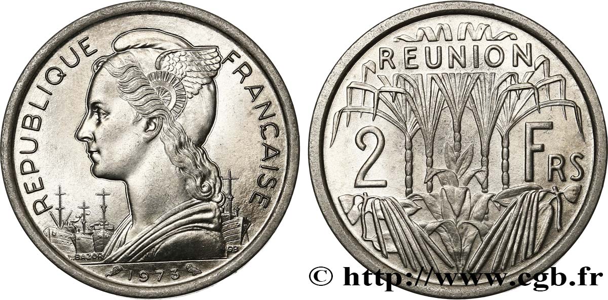 ISLA DE LA REUNIóN 2 Francs Marianne / canne à sucre 1973 Paris SC 