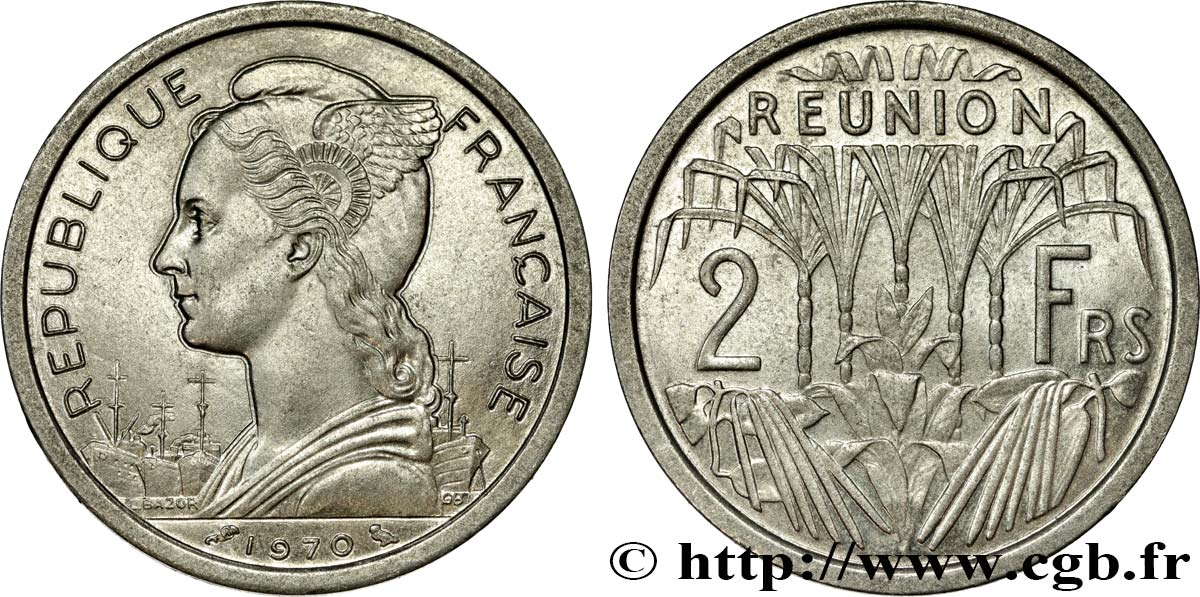 REUNION ISLAND 2 Francs Marianne / canne à sucre 1970 Paris AU 
