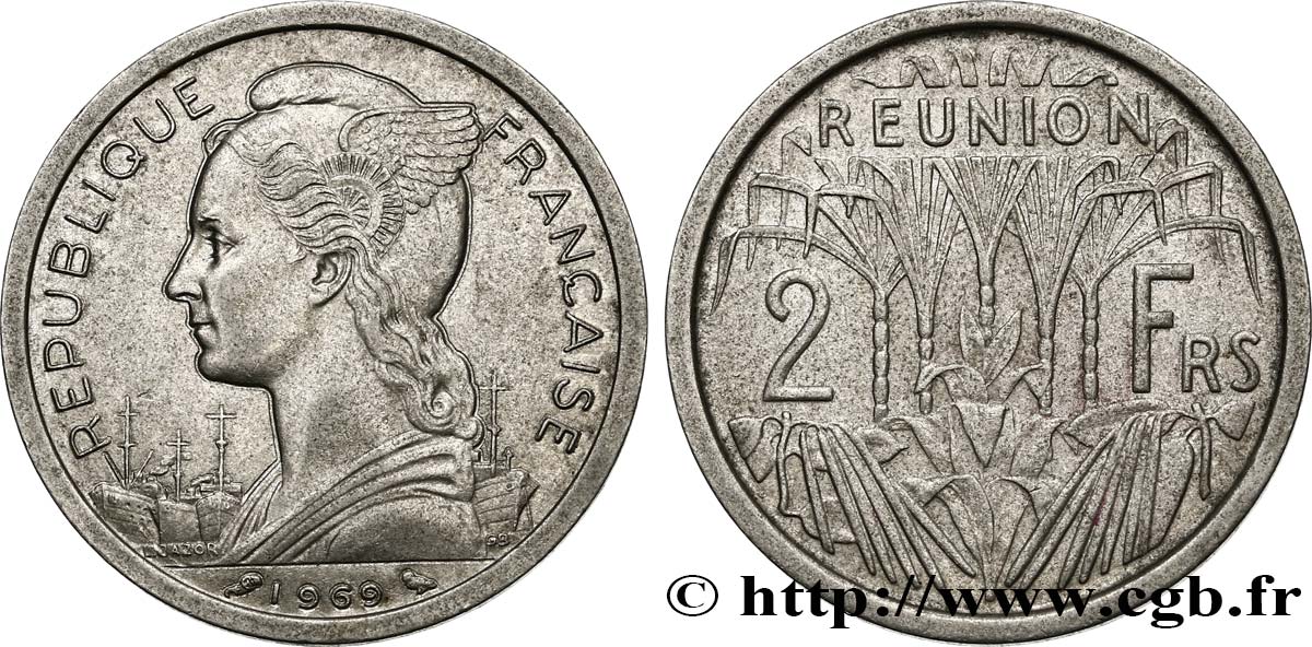 REUNION ISLAND 2 Francs 1969 Paris AU 